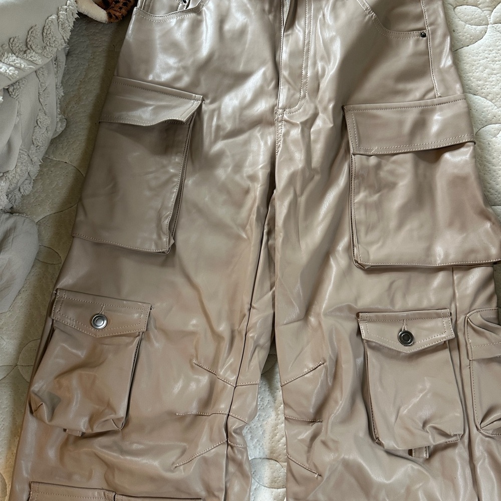Tan vegan leather cargo pants